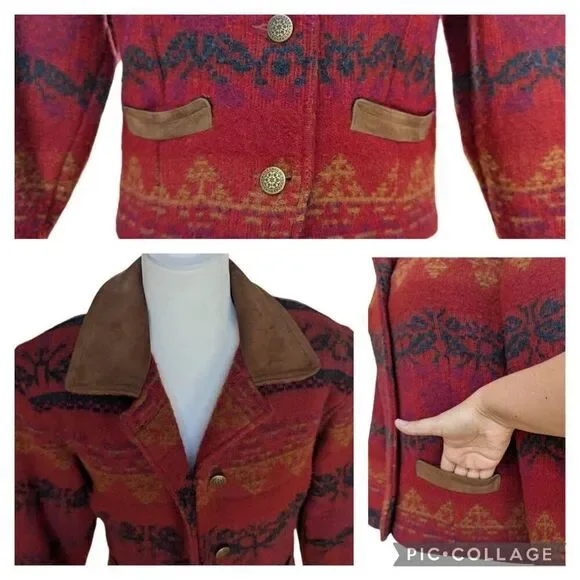 Vintage Woolrich Jacket Red Southwestern Aztec Suede Trim Wool USA Size S Button - Picture 5 of 10